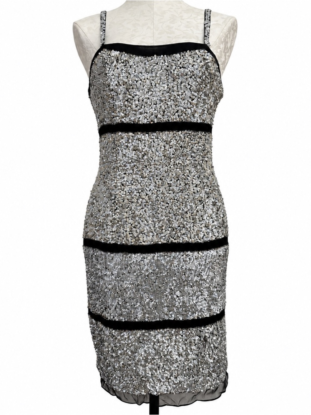 BASIX II Silver Sequin Silk Cocktail Dress Black Trim Size 6 NWT